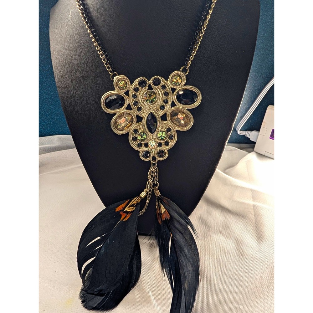 Vintage Style Black Rhinestone & Feather Bib Necklace | Gothic Boho Fringe Drop
